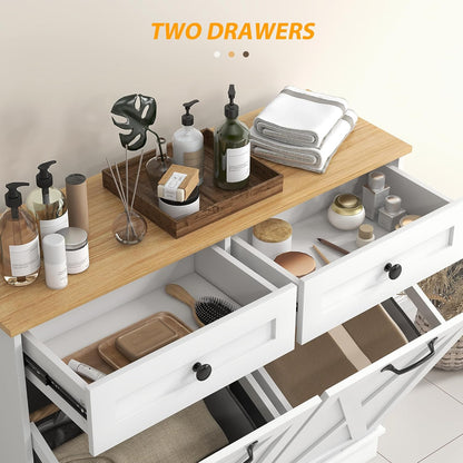 HOMCOM Tilt Out Laundry Hamper Cabinet with 2 Removable Baskets, Freestanding Bathroom Storage