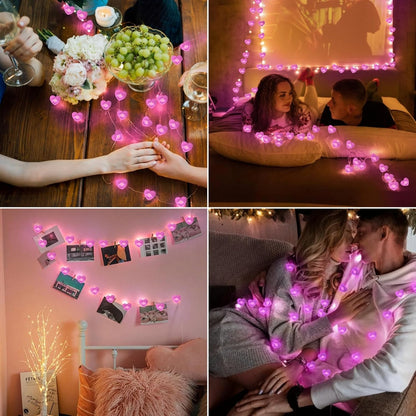 10FT Pink Heart Fairy Lights Battery Operated with Timer for Mothers Day Decoration, LED String