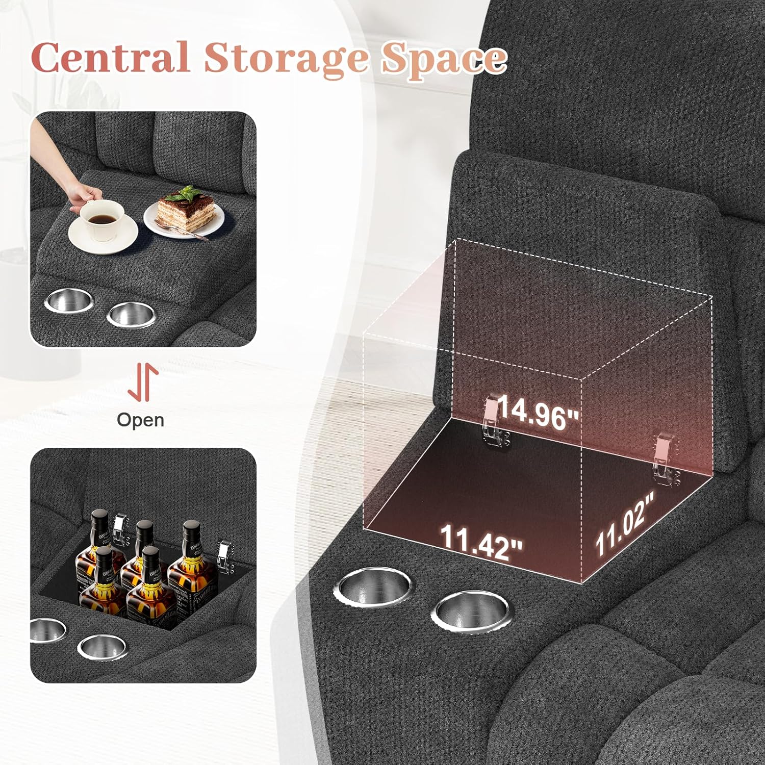 Recliner Sofa Set with 2+1+1 Pieces, Fabric Manual Pull Tab Reclining Loveseat with Storage