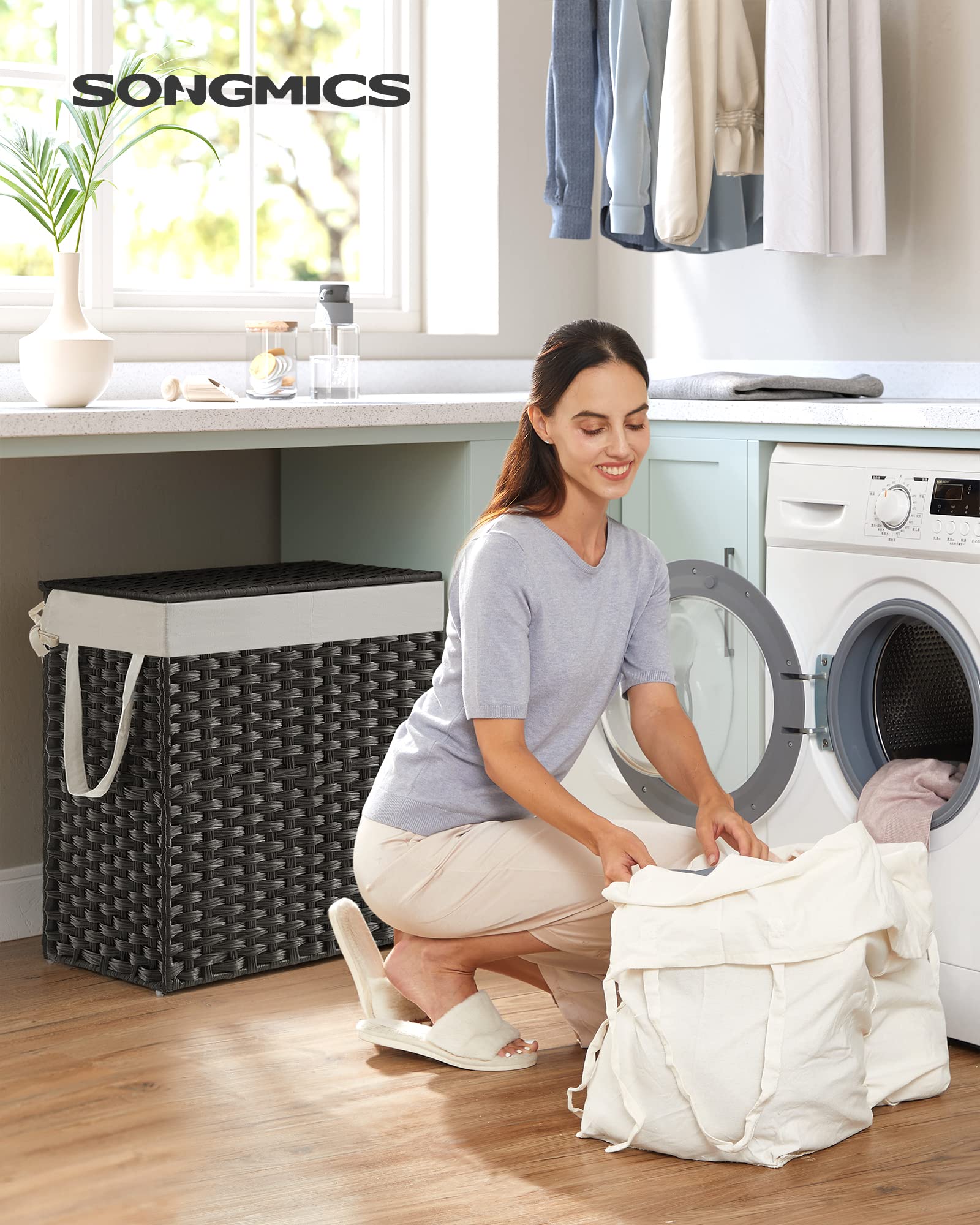 SONGMICS Laundry Hamper with Lid, 110L Wicker Laundry Basket