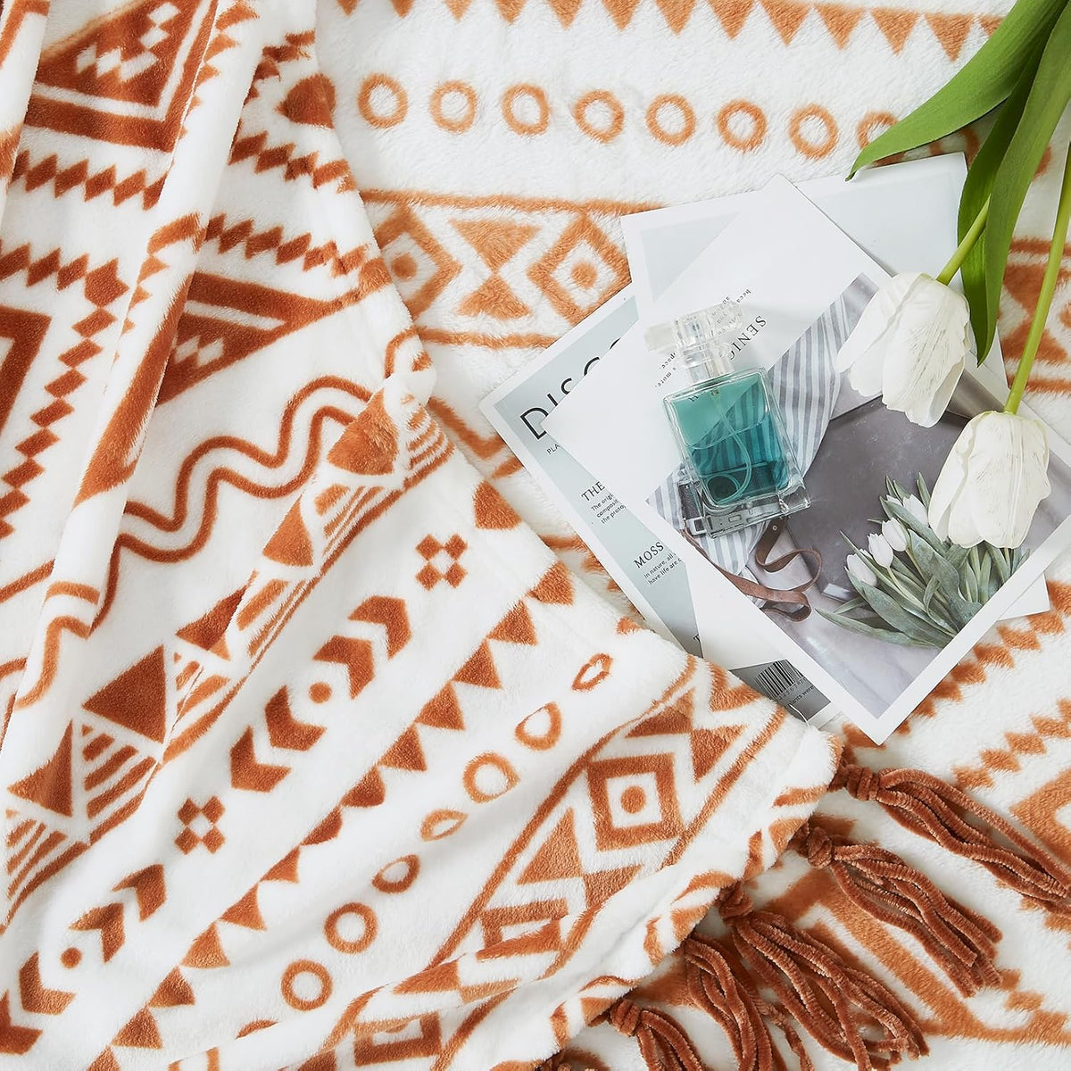 CASAAGUSTO Boho Throw Blanket - Terrcotta Decorative Blankets with Tassel, Printed Flannel Bohemian