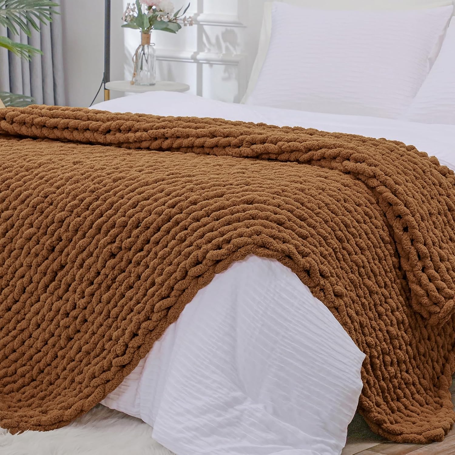 Bigacogo Chunky Knit Throw Blanket for Couch, 40x80 inches, 100% Hand Knitted with Thick Jumbo