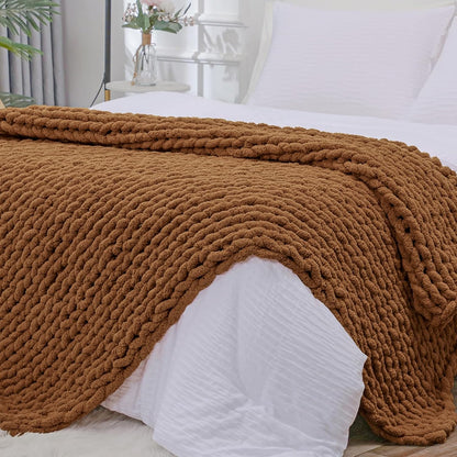 Bigacogo Chunky Knit Throw Blanket for Couch, 40x80 inches, 100% Hand Knitted with Thick Jumbo