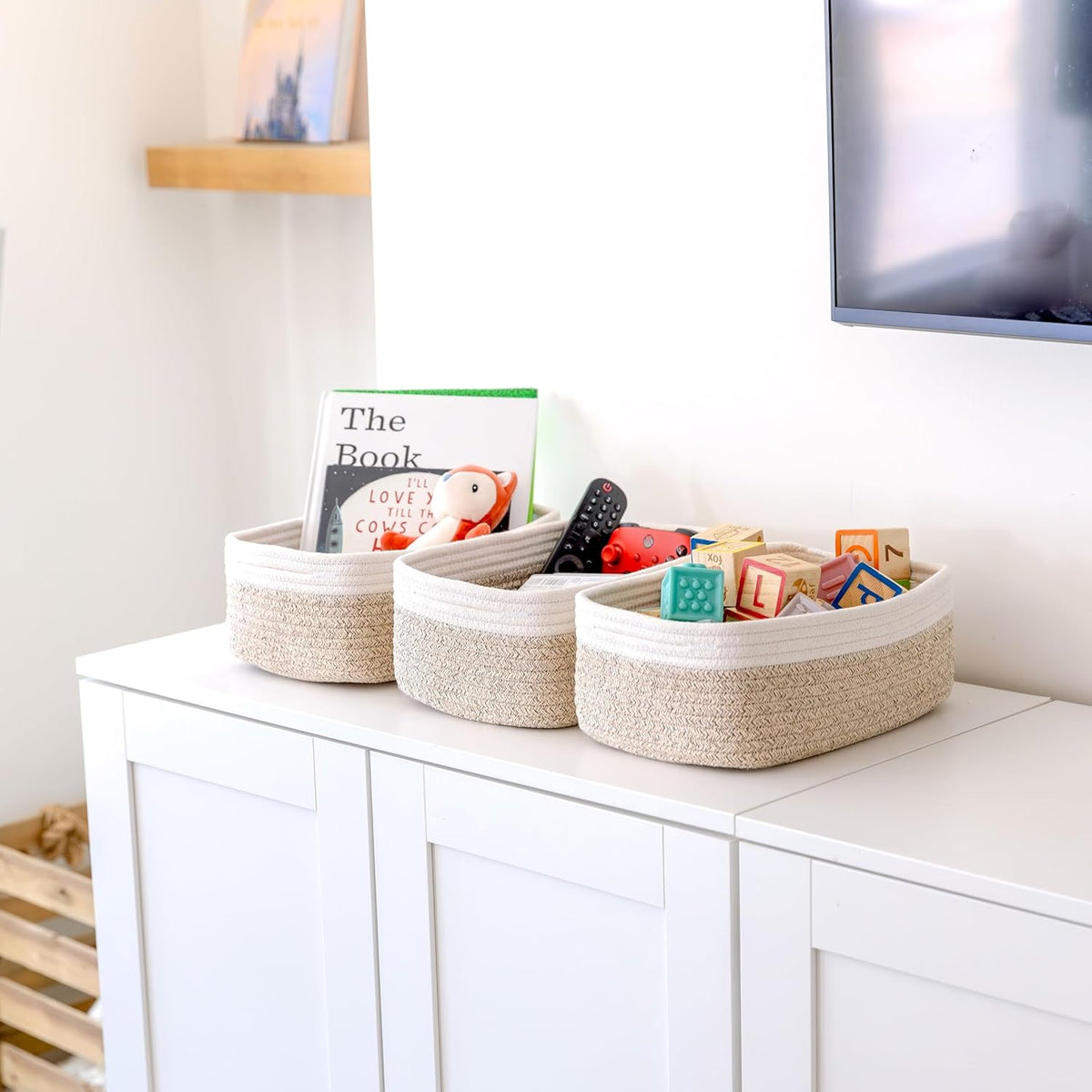 NaturalCozy 11.8"x8"x4.5” Storage Baskets for Shelves 3 Pack | Cotton Rope Woven Small Baskets for