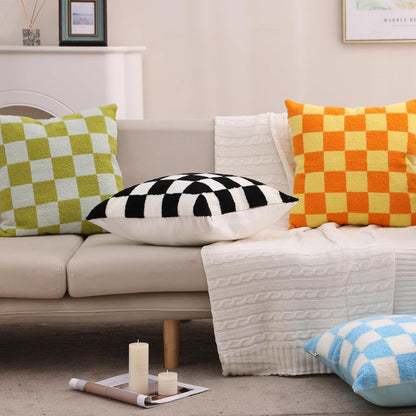 Alysheer Checkered Embroidered Decorative Throw Pillow Covers 18"x 18" Set of 2, Farmhouse Boho