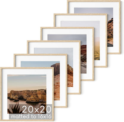 HAUS AND HUES Solid Oak Wood 20”x20” Picture Frames Matted to 16”x16” Set of 6-20x20 Wooden Gallery