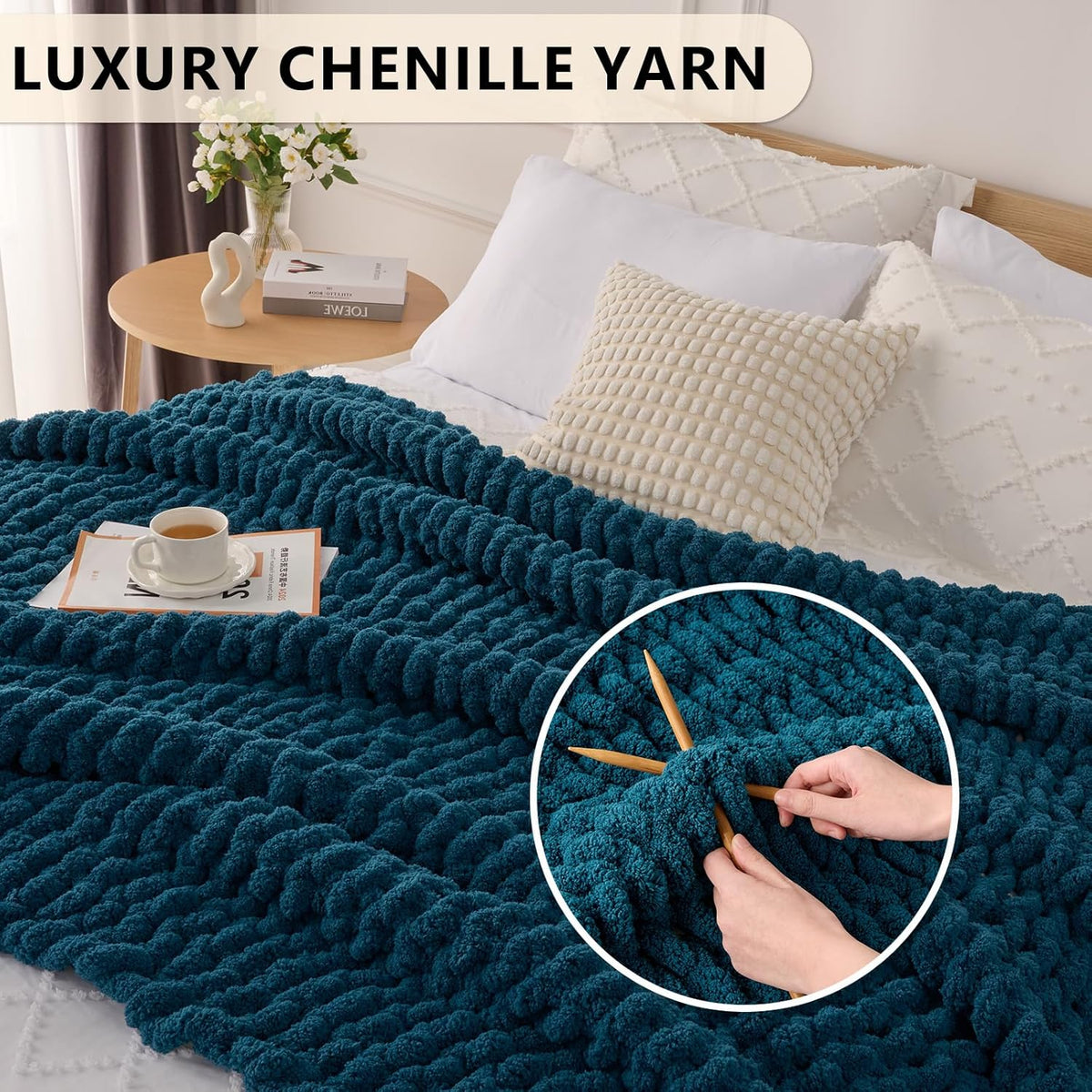 L'AGRATY Chunky Knit Blanket Throw: 80''x90'' Chenille Chunky Knitted Throw Blankets for Bed Couch
