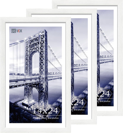VCK 14x24 Picture Frame Set of 3, White Solid Wood Poster Frames, Textured Exclusive Wall Gallery