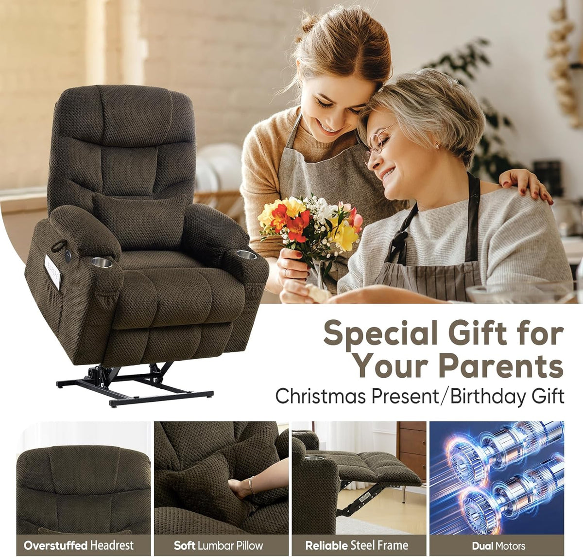 Oversized Dual Motor Lay Flat Power Lift Recliner Chair with Massage, Heating, Lumbar Pillow, USB &