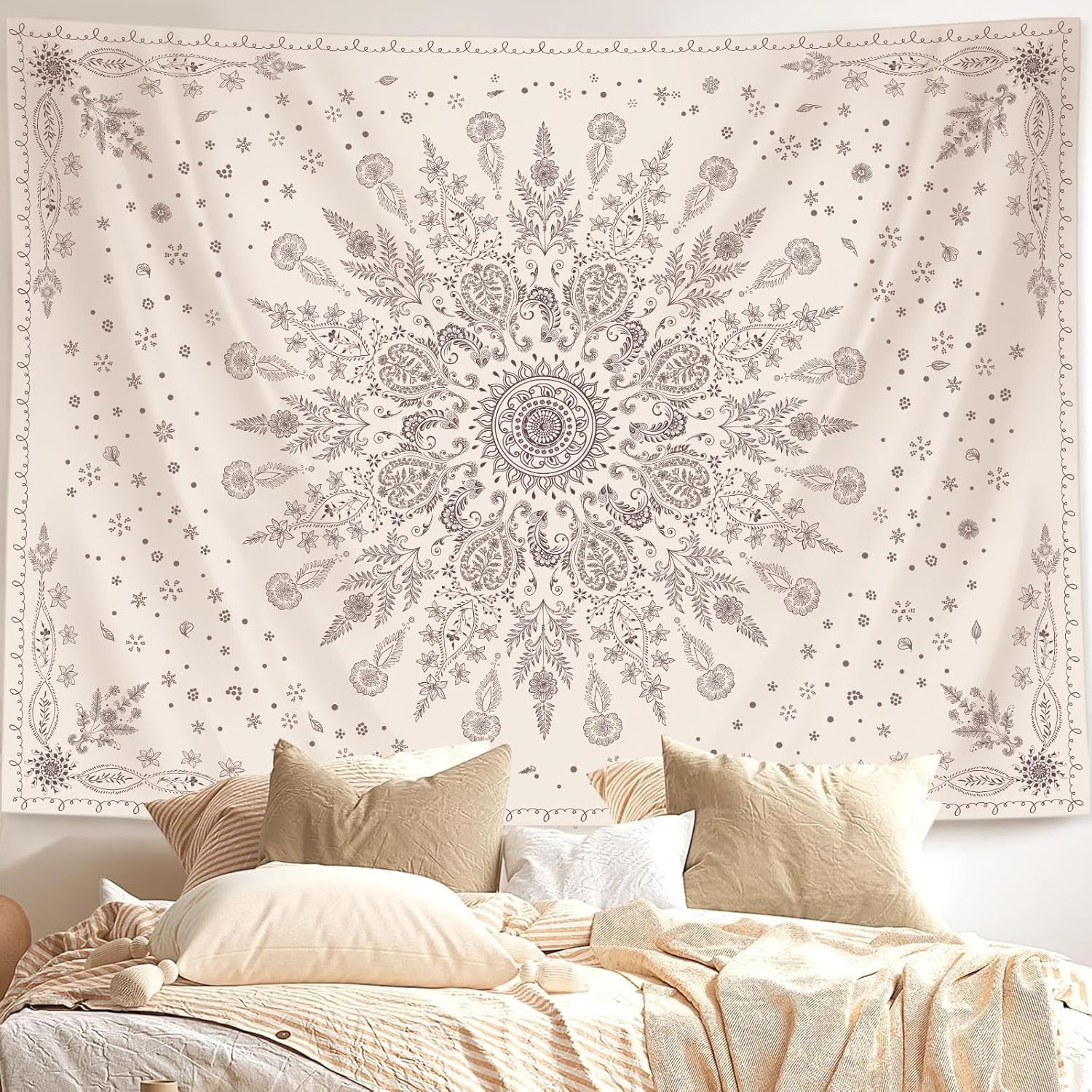 Lunerfex Boho Floral Tapestry Mandala Wall Tapestry, Cute Tapestries for Bedroom Beige Flower
