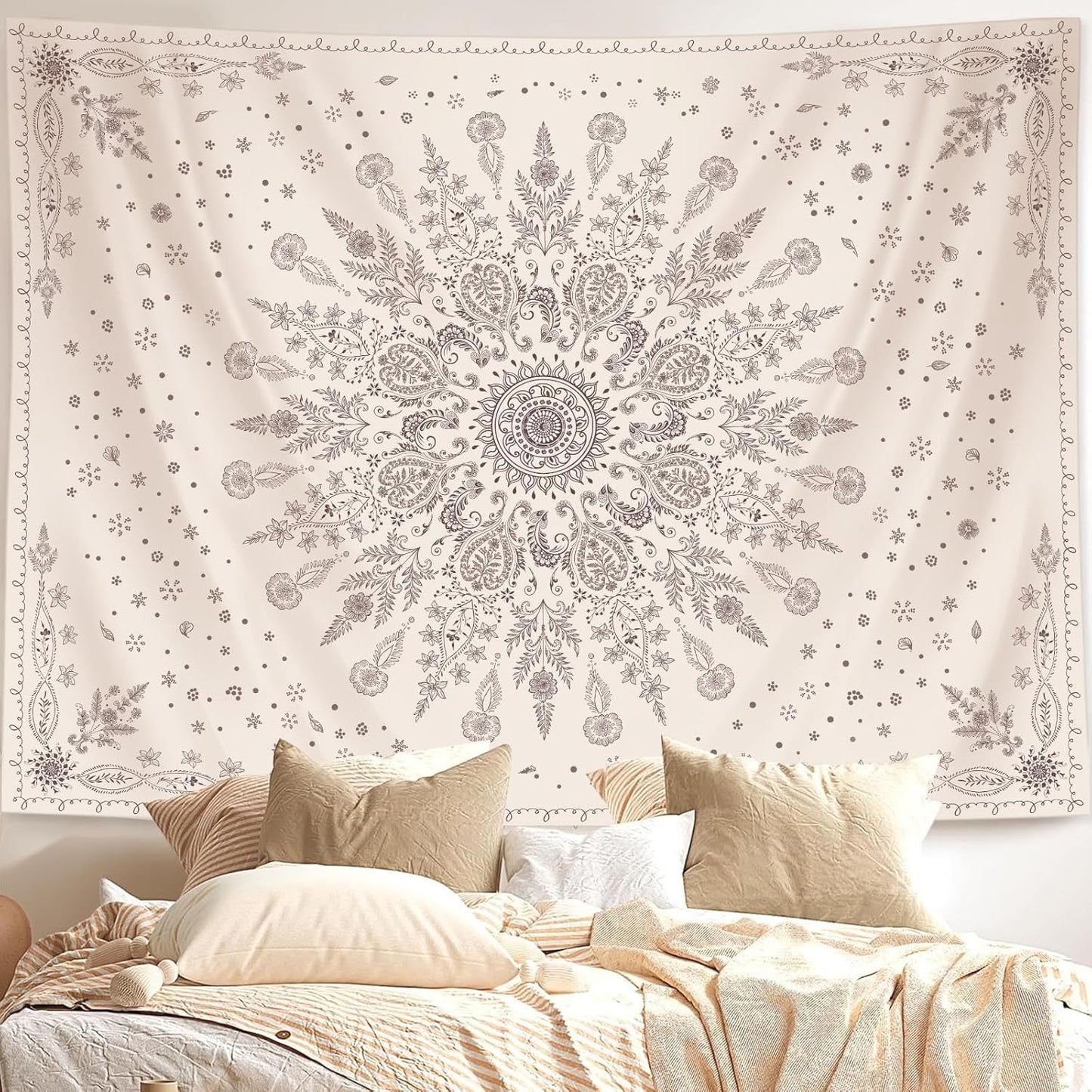 Lunerfex Boho Floral Tapestry Mandala Wall Tapestry, Cute Tapestries for Bedroom Beige Flower