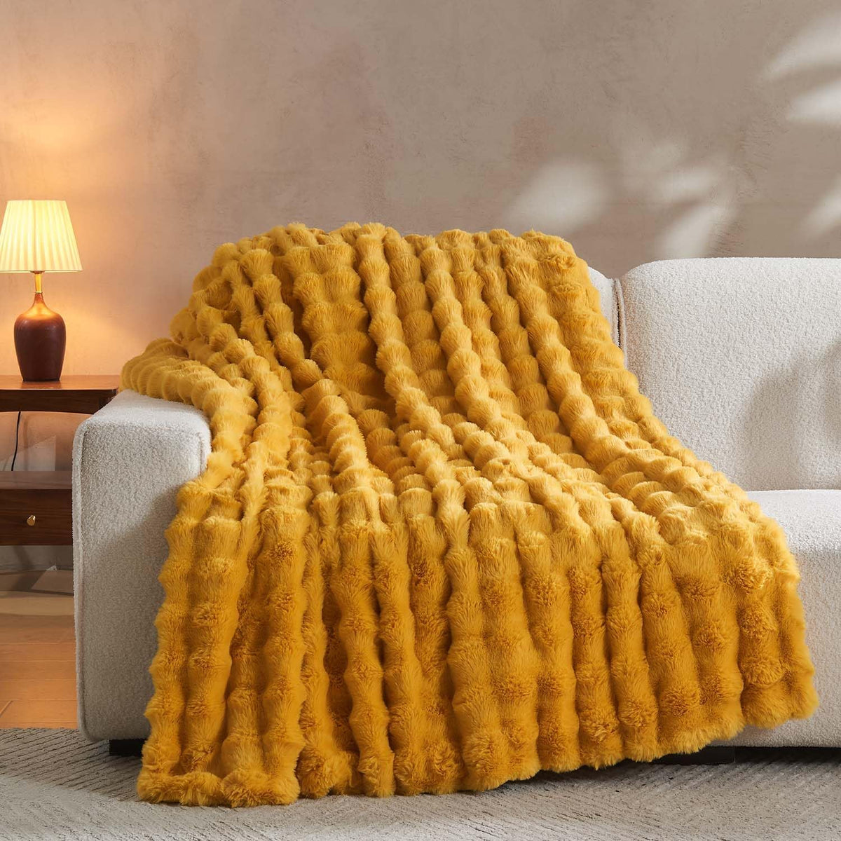Lotus Karen Faux Fur Throw Blanket Ginger Yellow - Big Bubble Rabbit Fluff Blanket for Couch Bed