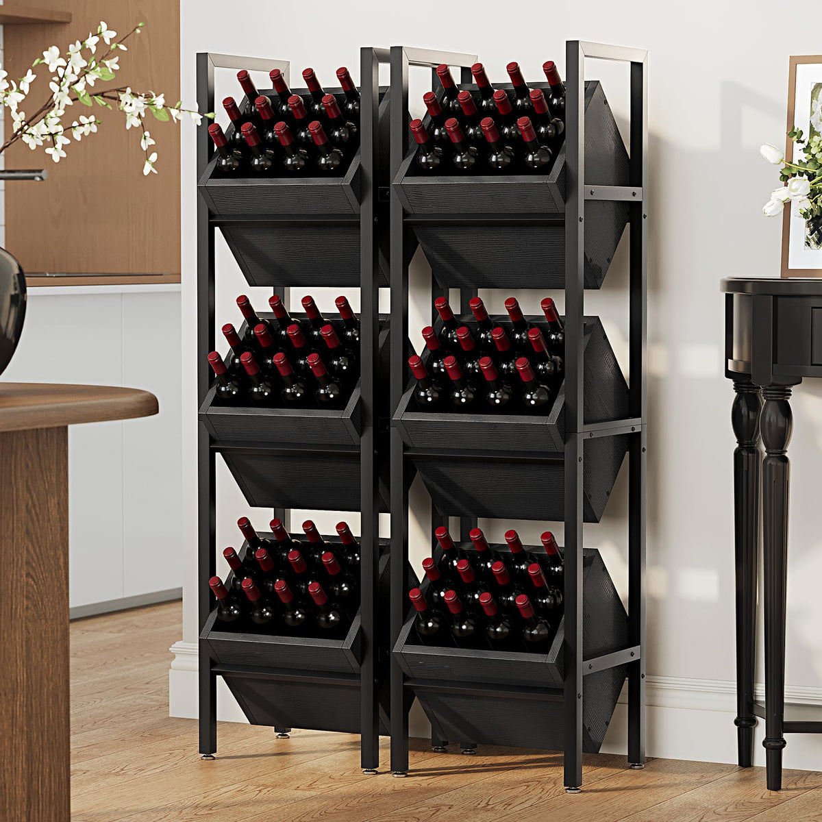LITTLE TREE 3-Tier Basket Stand, Wooden Floor Stand Shelving Unit, Rustic Standing Organizer