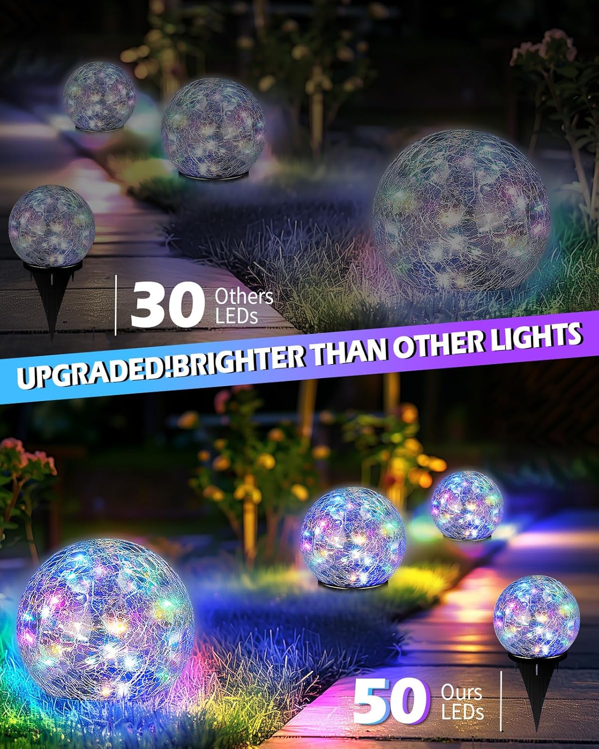 Garden Solar Ball Lights Outdoor Waterproof, 50 LED Cracked Glass Globe Solar Power Ground Lights