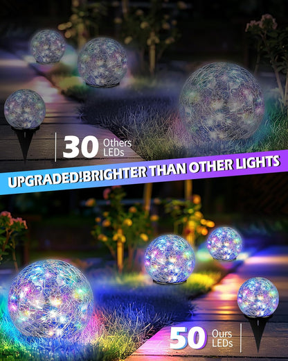 Garden Solar Ball Lights Outdoor Waterproof, 50 LED Cracked Glass Globe Solar Power Ground Lights