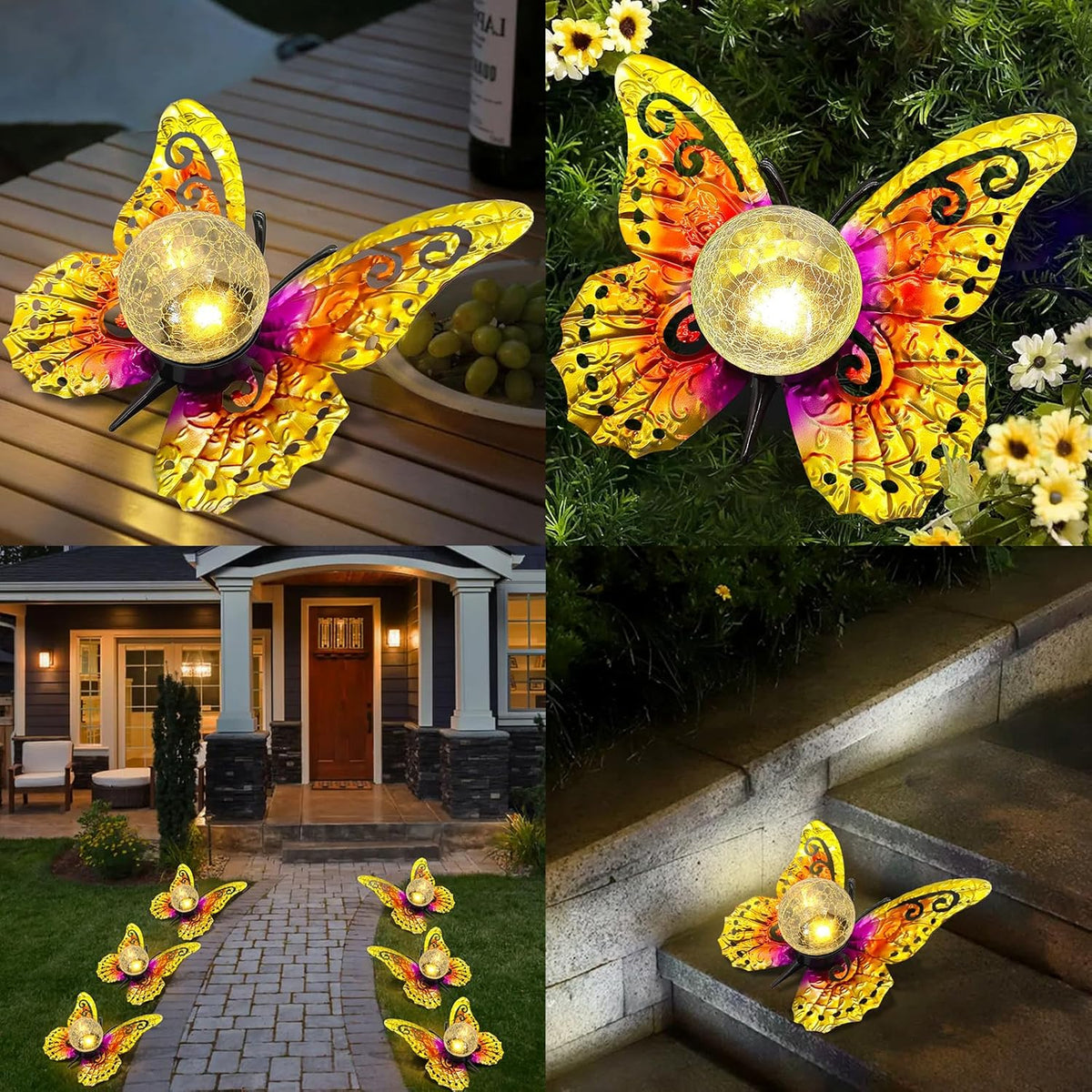Solar Lights Outdoor Garden Butterfly Decor, Metal Butterfly Statue Decoration with LED Crackle