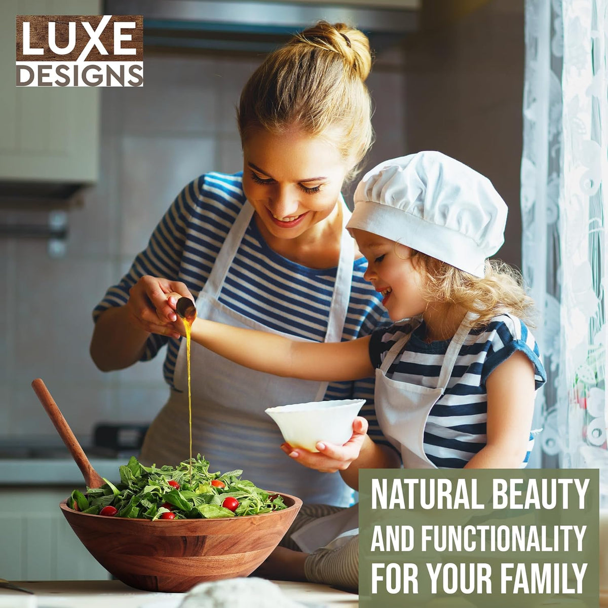 Luxe Designs Wooden Salad Bowl Set - Food Safe & Sustainable Decorative Bowl - Wood Bowl for