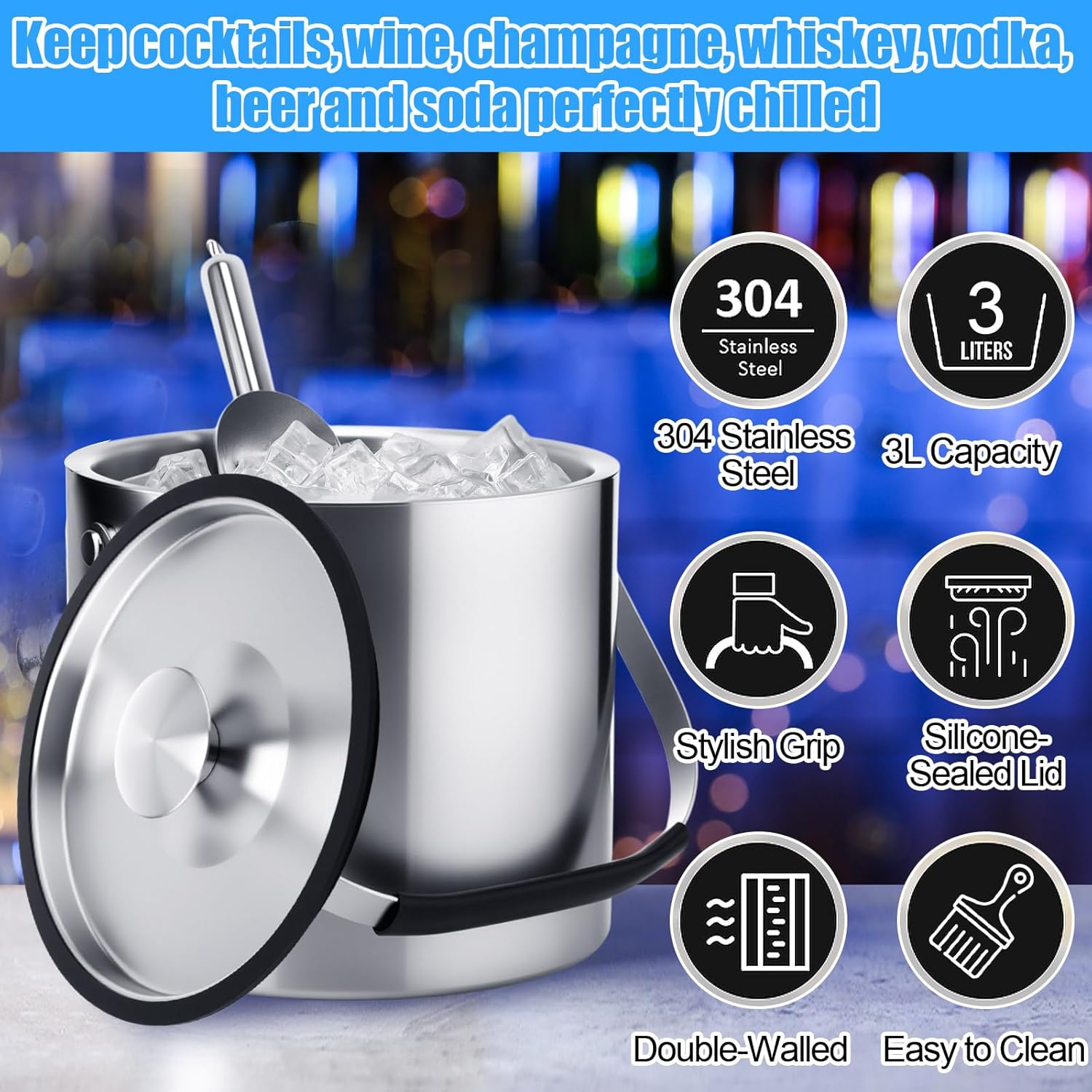 meekoo 3 L Double Wall Insulated Stainless Steel Ice Bucket with Lid, Scoop, Strainer, Handle Large