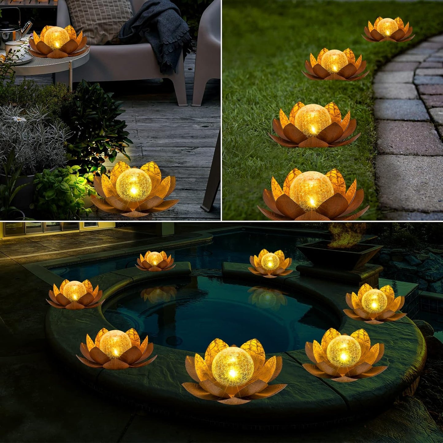 Solar Light Outdoor(2Pack), Art Crackle Globe Glass Lotus Decoration, Solar LED Waterproof Metal