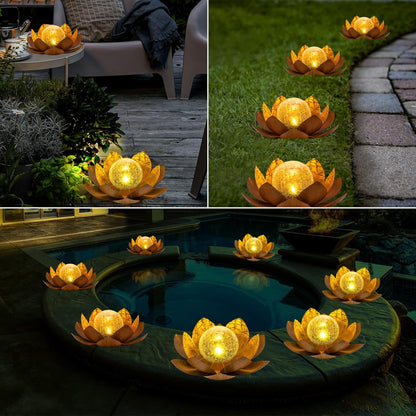 Solar Light Outdoor(2Pack), Art Crackle Globe Glass Lotus Decoration, Solar LED Waterproof Metal