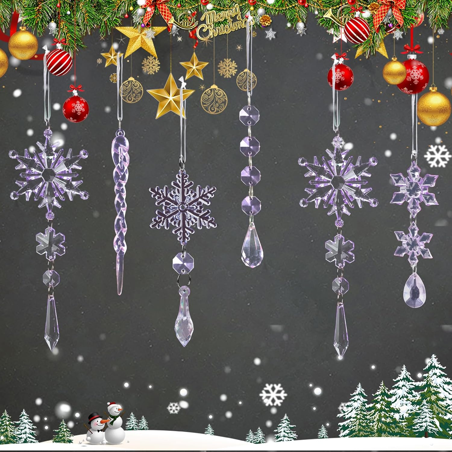 18pcs Crystal Christmas Ornaments for Christmas Tree Decorations-Purple Hanging Acrylic Snowflake