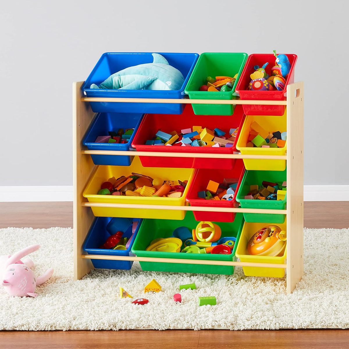 Amazon Basics Kids Toy Storage Organizer With 12 Plastic Bins, Natural Wood With Bright Bins, 10.9"