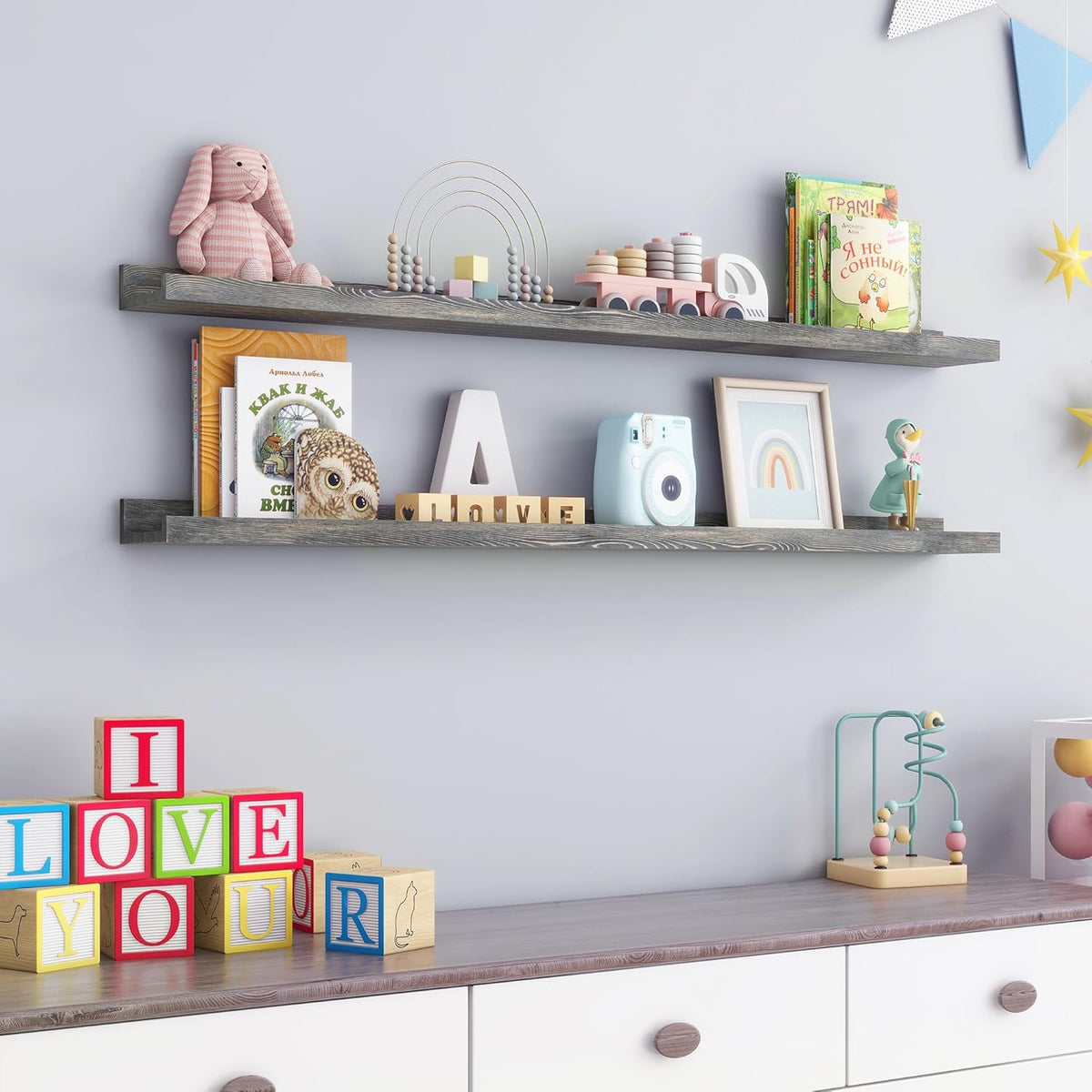 48 Inch Long Floating Shelves for Wall, Solid Pine Wood Picture Ledge Shelves with Lips, Nursery