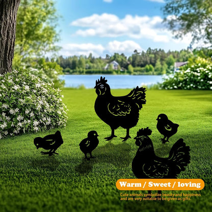 5 Pack Chicken Metal Garden Decorative Stakes, Weather Proof Silhouette Statues for Yard