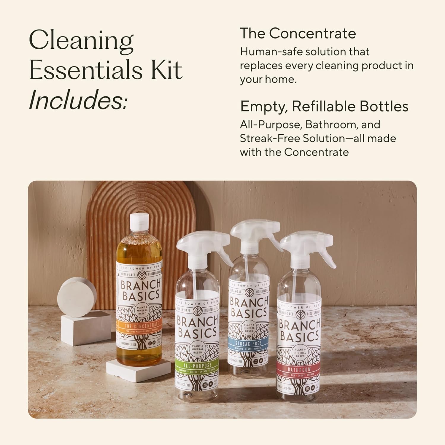 Branch Basics Cleaning Essentials Kit: All Purpose Spray, Glass Cleaner, and Bathroom Cleaner