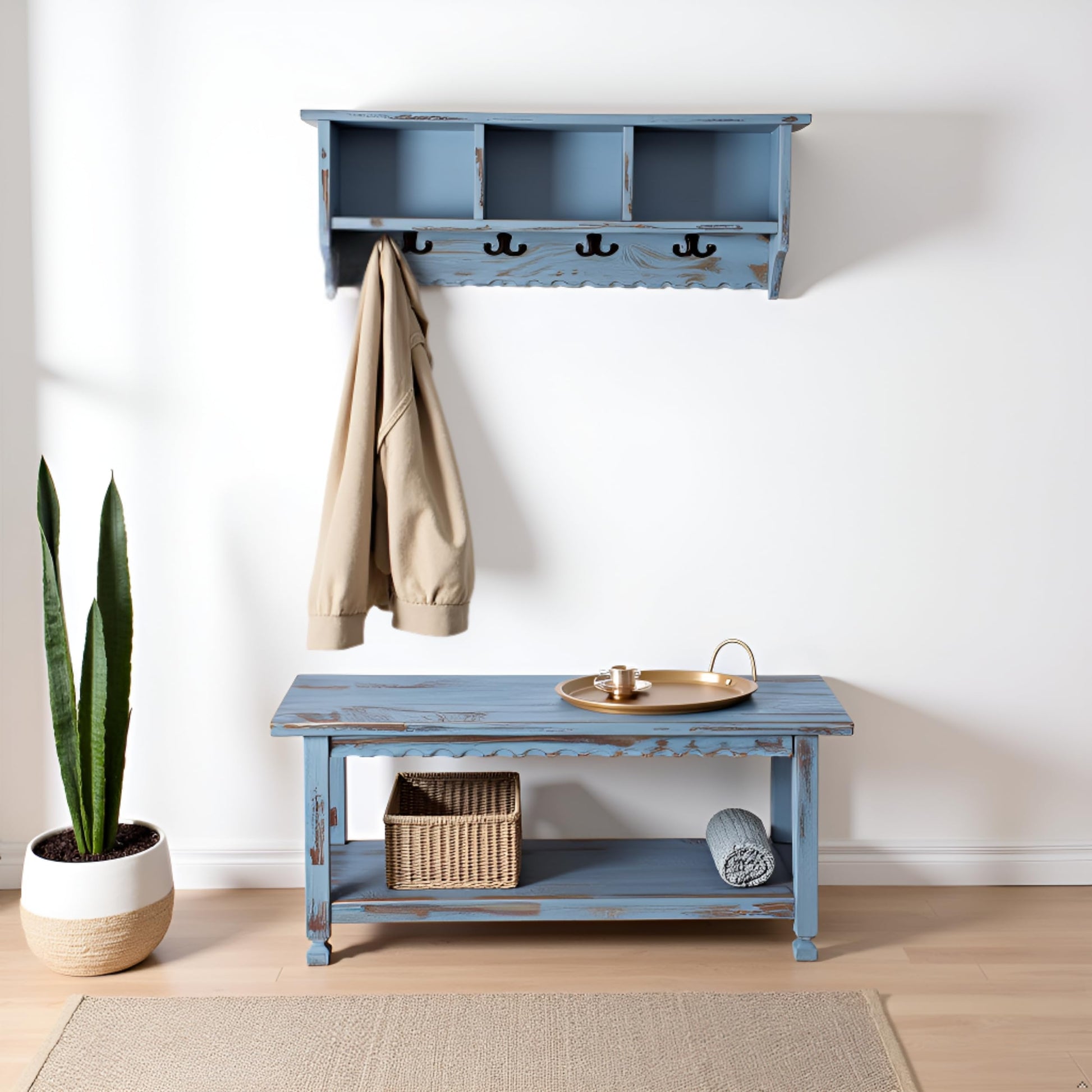 Country Cottage 36" Wall-Mount Coat Rack and Entryway Bench Set – Coat Hanger with Cubbies and