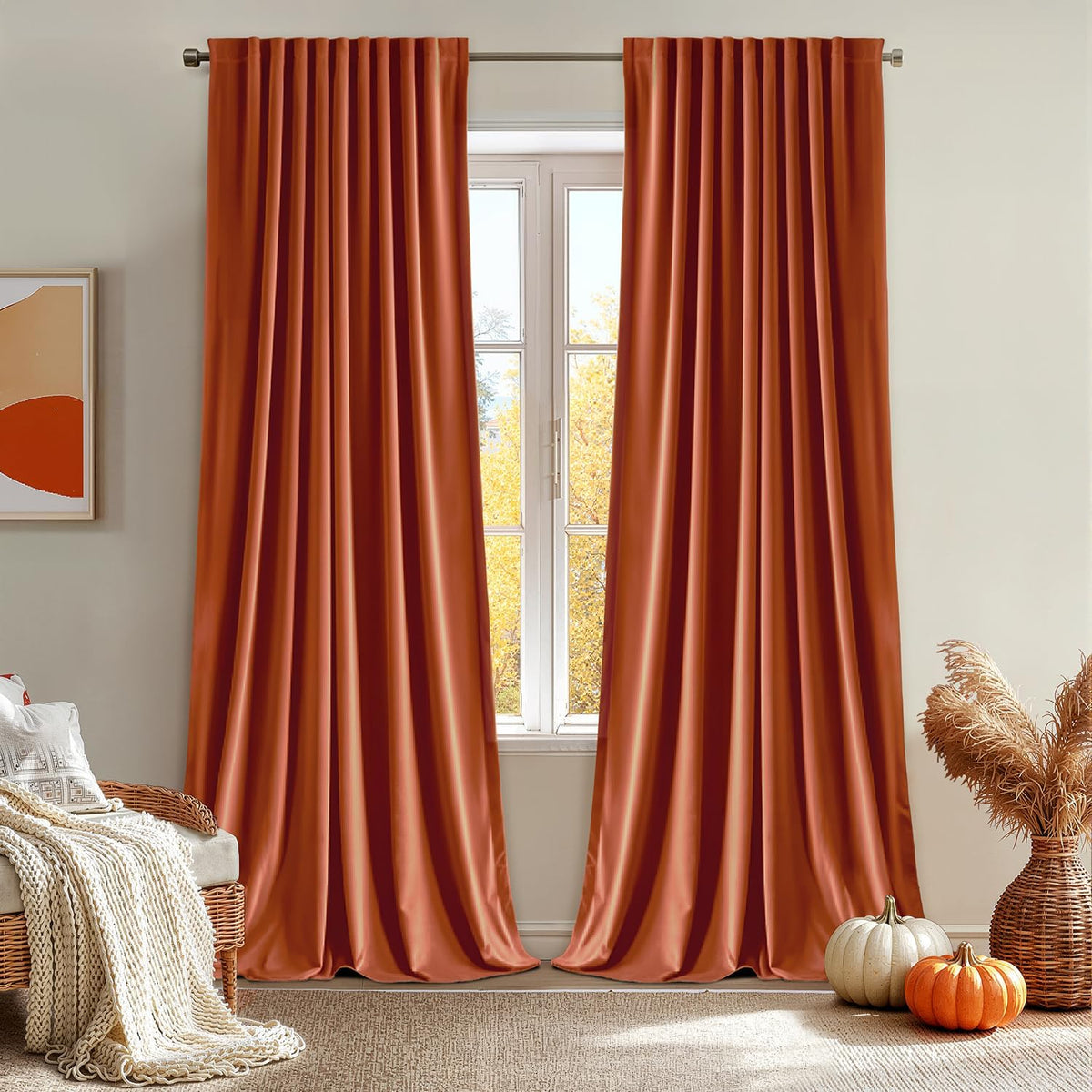MIULEE Fall Burnt Orange Velvet Curtains 108 Inches Long 2 Panels - Back Tab and Pleated Luxury