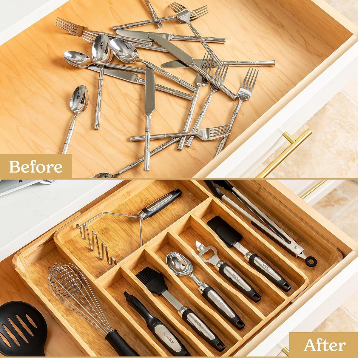 SMIRLY Silverware Drawer Organizer – Bamboo Kitchen Drawer Organizer, Adjustable Utensil Holder and