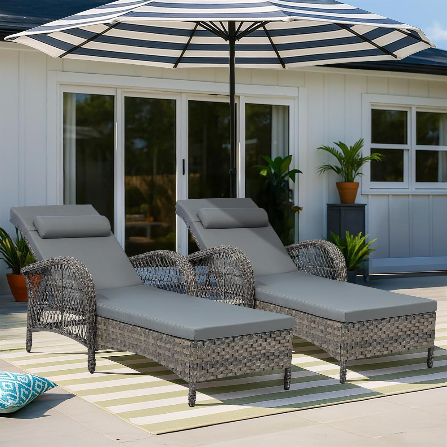 VIVIJASON Outdoor Wicker Chaise Lounge Chair Set of 2, All-Weather PE Rattan Cushioned Patio
