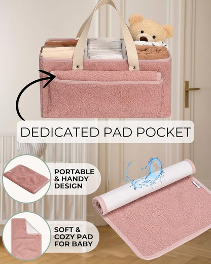 Baby Diaper Caddy Organizer with Portable Changing Mat - Teddy Fleece Diaper Organizer for Changing