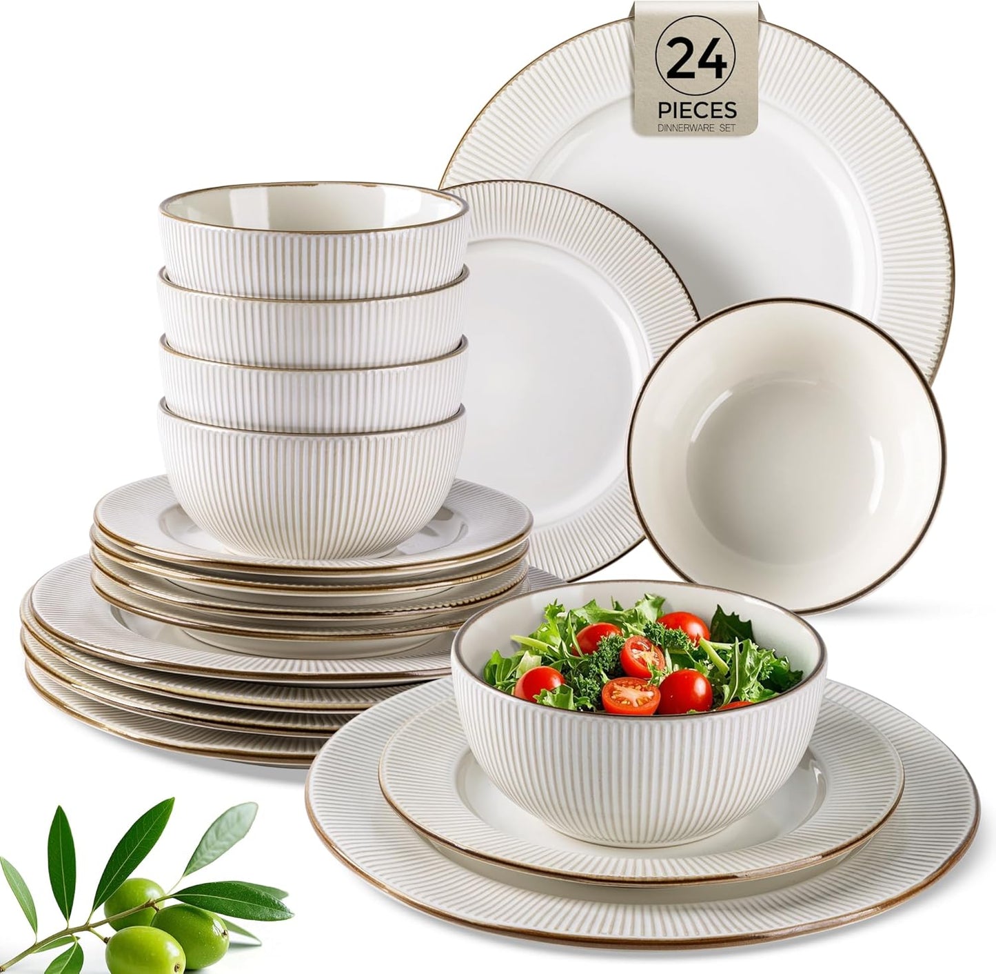 GBHOME Ceramic Dinnerware Sets, 24 pcs Embossed Elegant Stoneware Plates and Bowls Sets