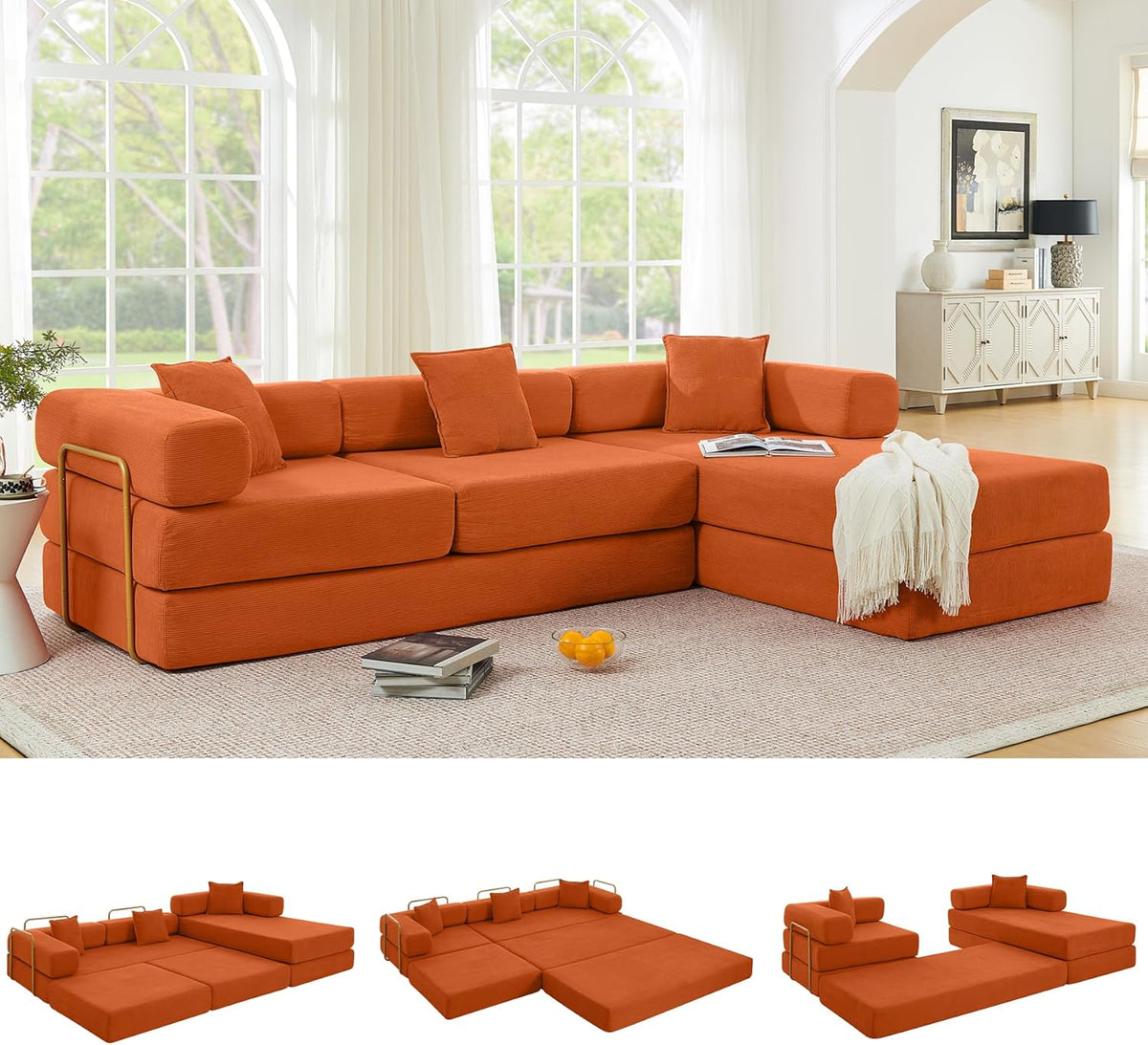 108" Oversized Convertible Sleeper Sofa Bed, Corduroy L Shape Sectional Couch, Folding Sofa Bed