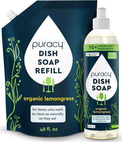 Puracy Natural Dish Soap Refill Bundle- Enzyme-Powered Dishwashing Soap, Organic Dishsoap Liquid
