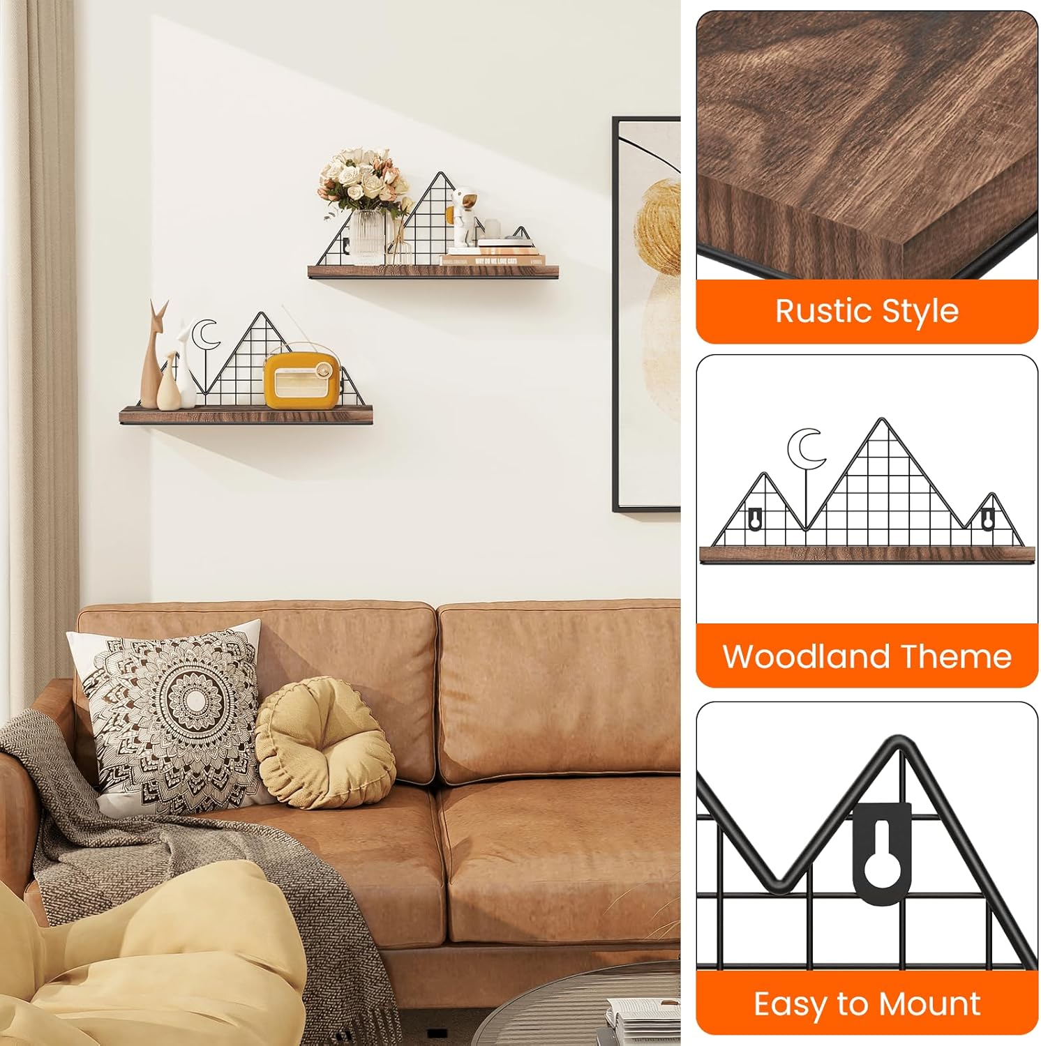 Homode Floating Shelves, Set of 2 Mountain Wall Shelves, Rustic Wood Display Storage Shelf with