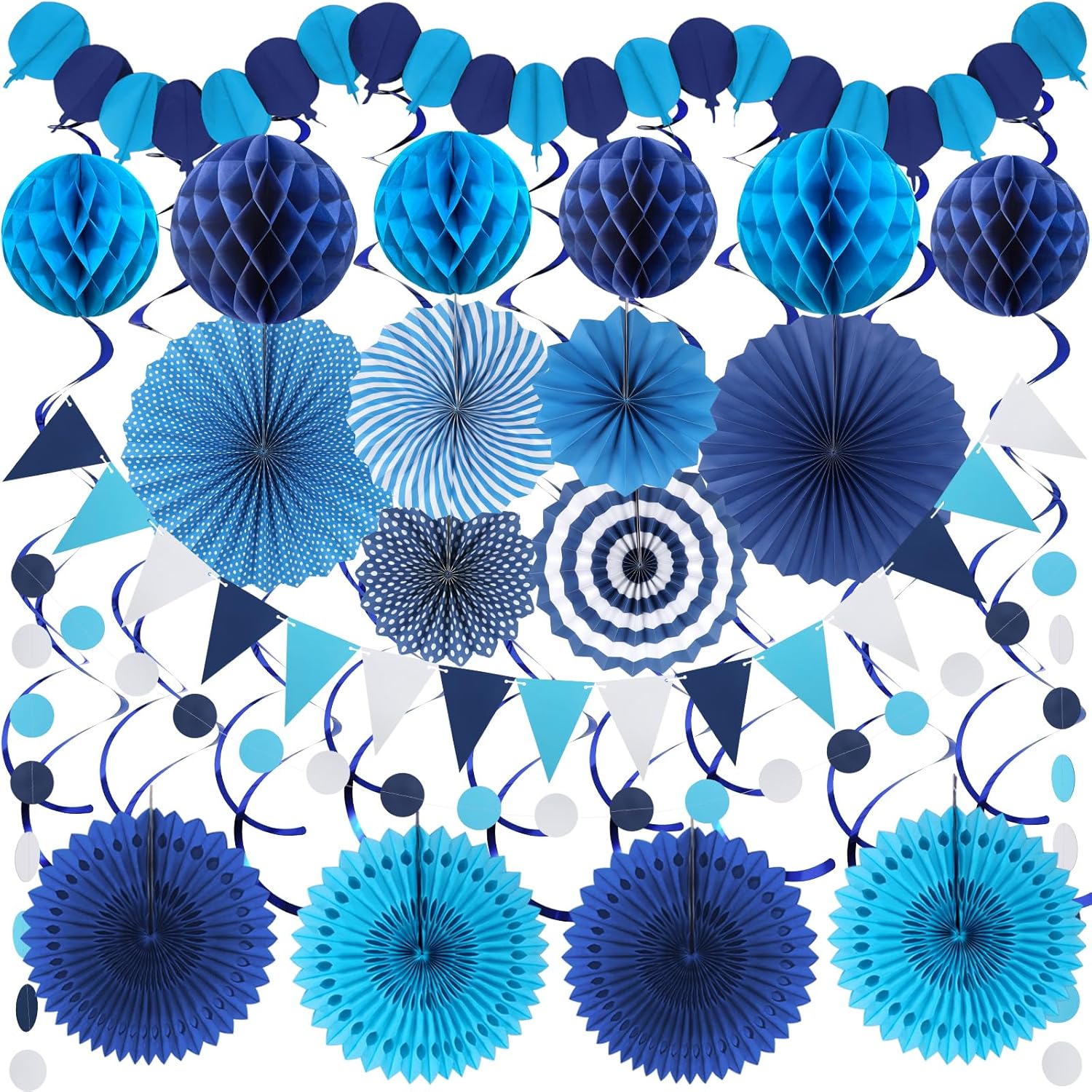 Blue Party Decorations, Easy Assembly Paper Fan Honeycomb Ball Garland Hanging Swirl Navy Blue