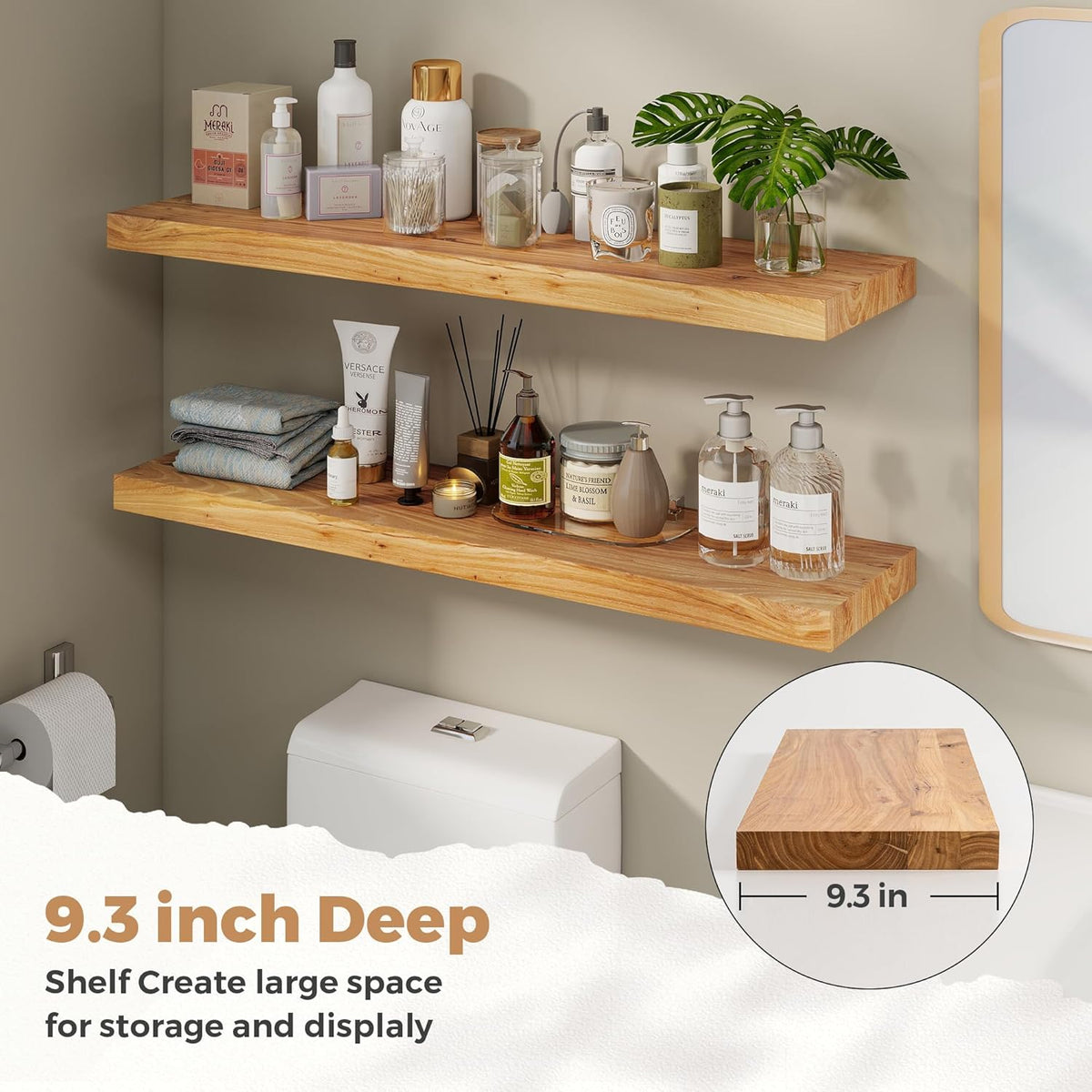 RICHFOCUS Elm Floating Shelves for Wall - 40" W x 9.3" D Rustic Solid Wood Shelves with Invisible