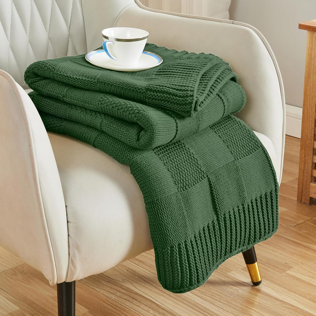 CozeCube Knit Throw Blanket,Christmas Green Checkered Bedroom Blanket for Couch,Soft Cozy Warm