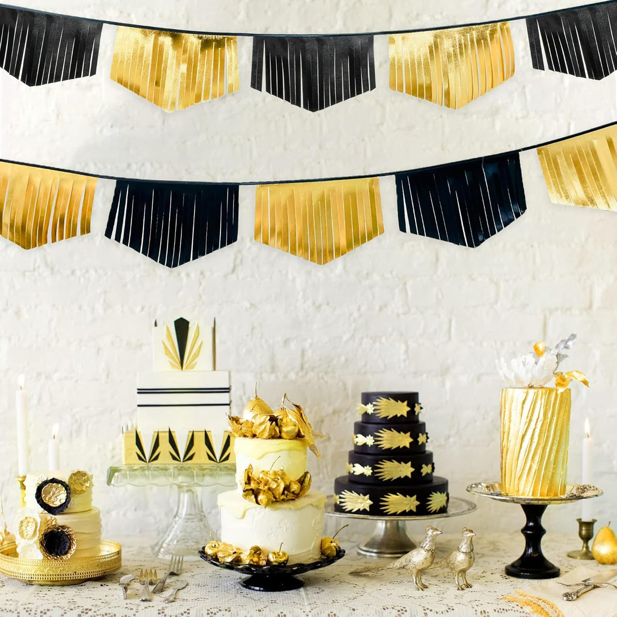 Black and Gold Tassel Banner Double Sided Metallic Fabric Pennant Bunting Flag Garland for