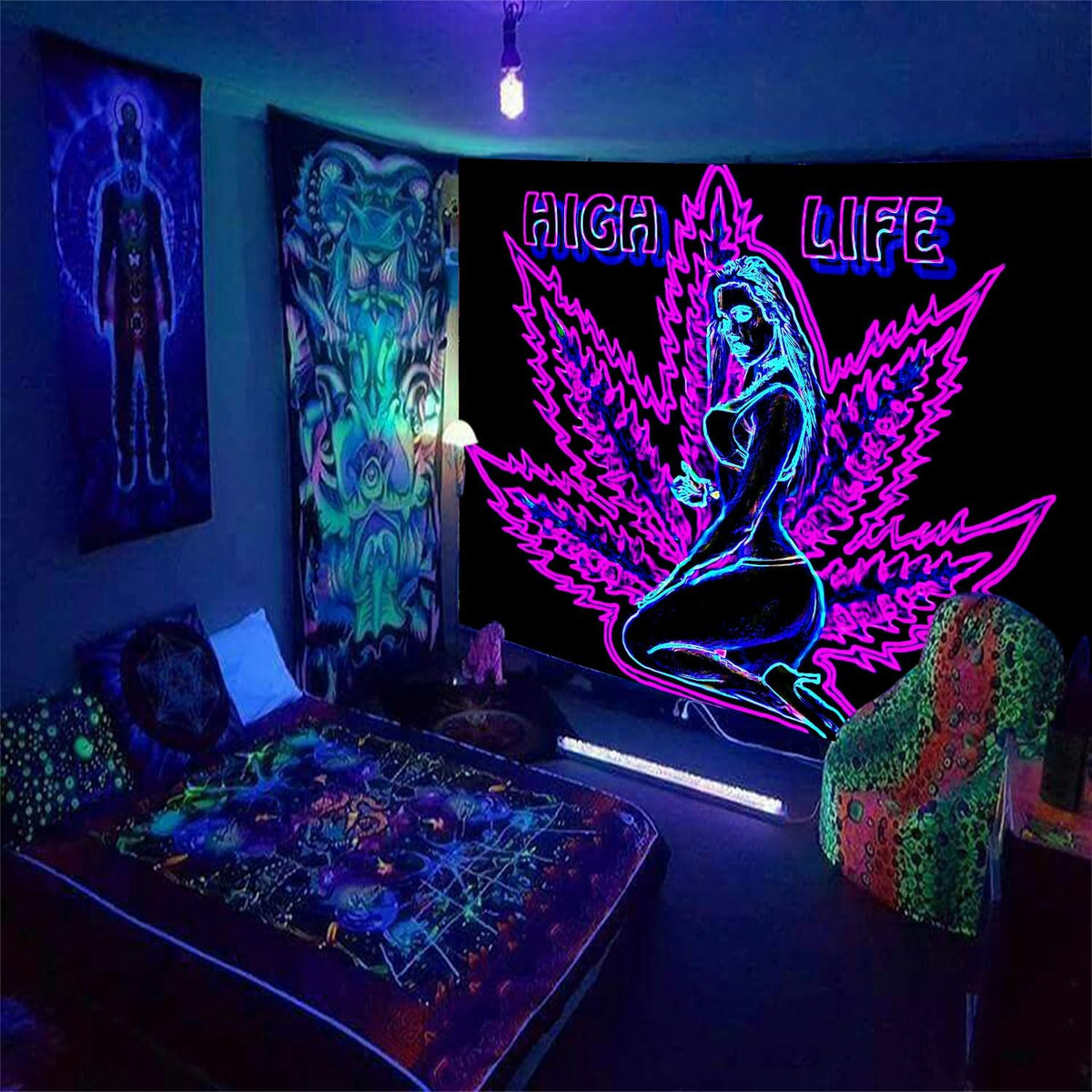 ADDWel Blacklight Tapestry for Bedroom, Tapestry Glow In The Dark, UV Reactive Black Light Posters