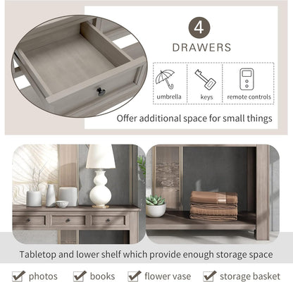 Solid Wood Console Table,Long Sofa Table Entryway Table with 4 Drawers and Bottom Shelf for Hallway