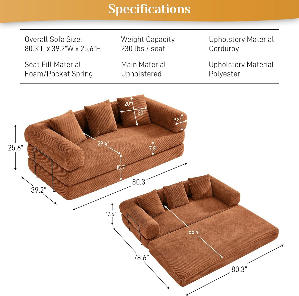 Convertible Sleeper Sofa Bed with Pillow, 4-in-1 Corduroy Folding Mattress Couch with Fixed-Shape