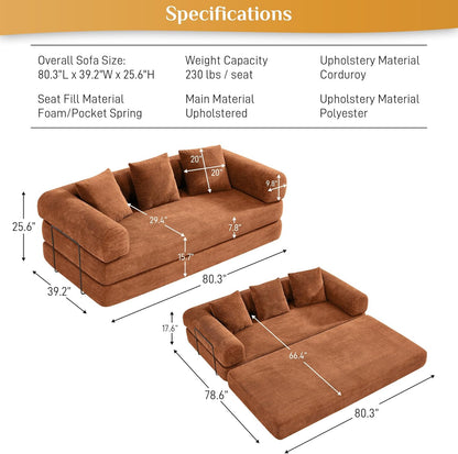 Convertible Sleeper Sofa Bed with Pillow, 4-in-1 Corduroy Folding Mattress Couch with Fixed-Shape