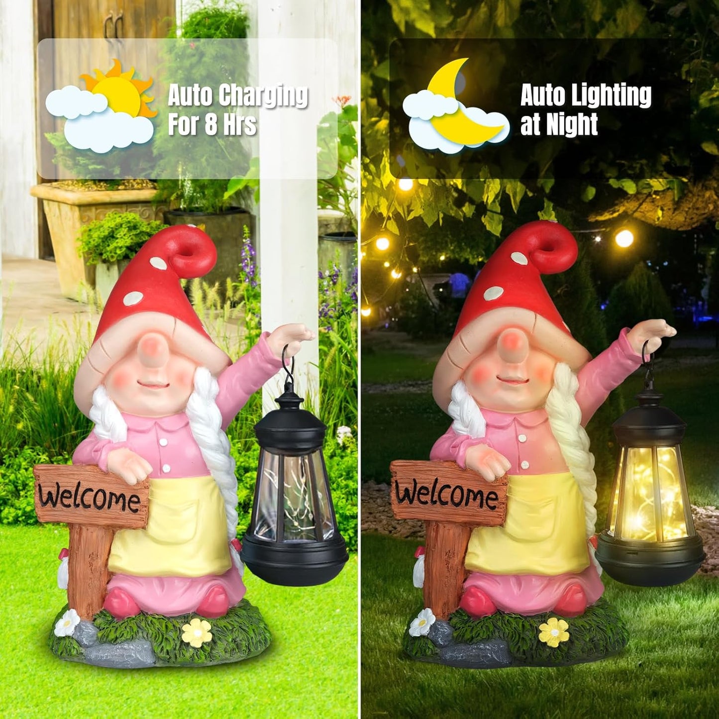 Solar Garden Gnome Statue Holding LED Lantern with Welcome Sign Outdoor Ornaments Waterproof
