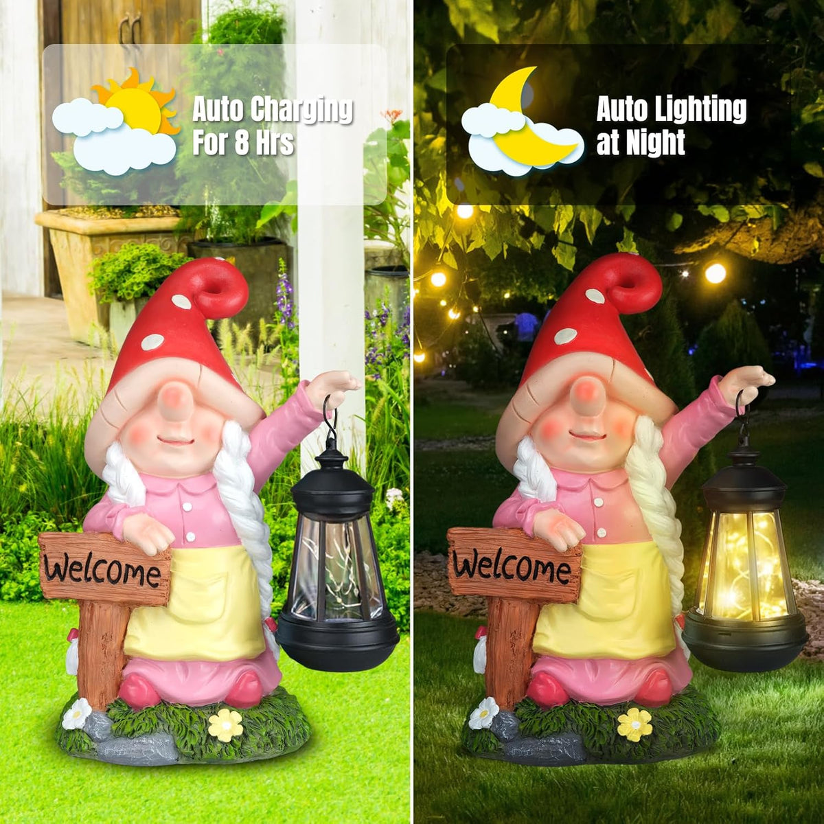Solar Garden Gnome Statue Holding LED Lantern with Welcome Sign Outdoor Ornaments Waterproof