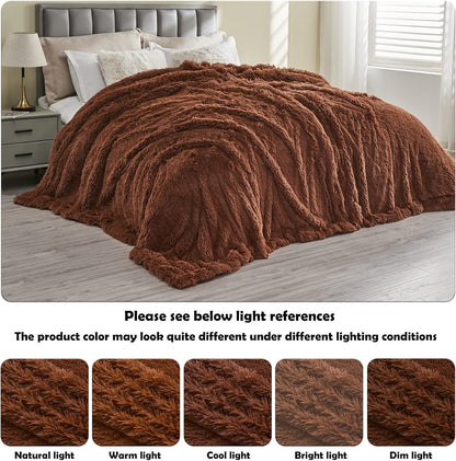 GONAAP Fuzzy Faux Fur Throw Blanket Twin Size Coffee Super Soft Cozy Plush Fuzzy Shaggy Blanket for