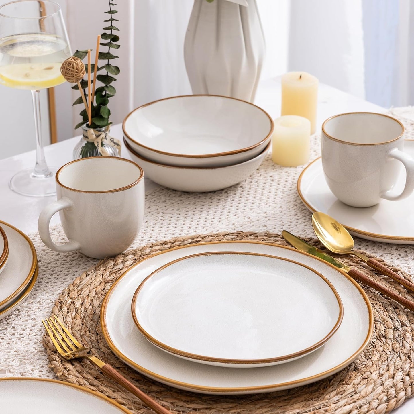 AmorArc Ceramic Dinnerware Sets,Handmade Reactive Glaze Stoneware Plates and Bowls Sets,Highly Chip